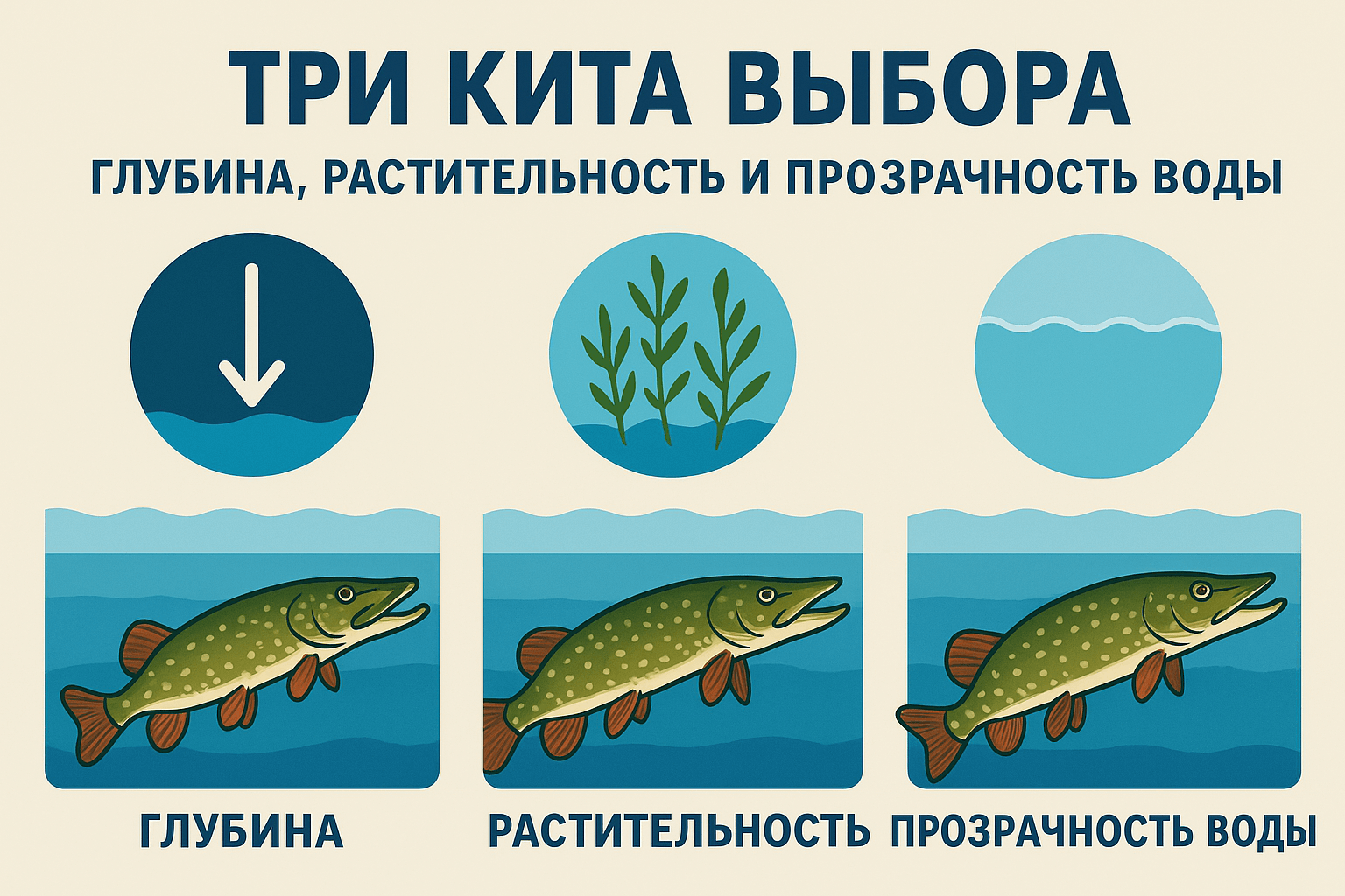 Инфографика: три главных фактора выбора приманки на щуку в озере.